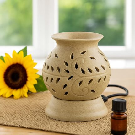 Electric Aroma Oil Diffuser Ancient Matki Diffuser with Bulb Electric Aroma Burner Electric Diffuser Matki Shape (Beige (Mustard))